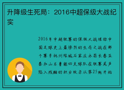 升降级生死局：2016中超保级大战纪实