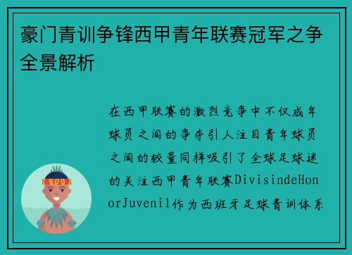 豪门青训争锋西甲青年联赛冠军之争全景解析